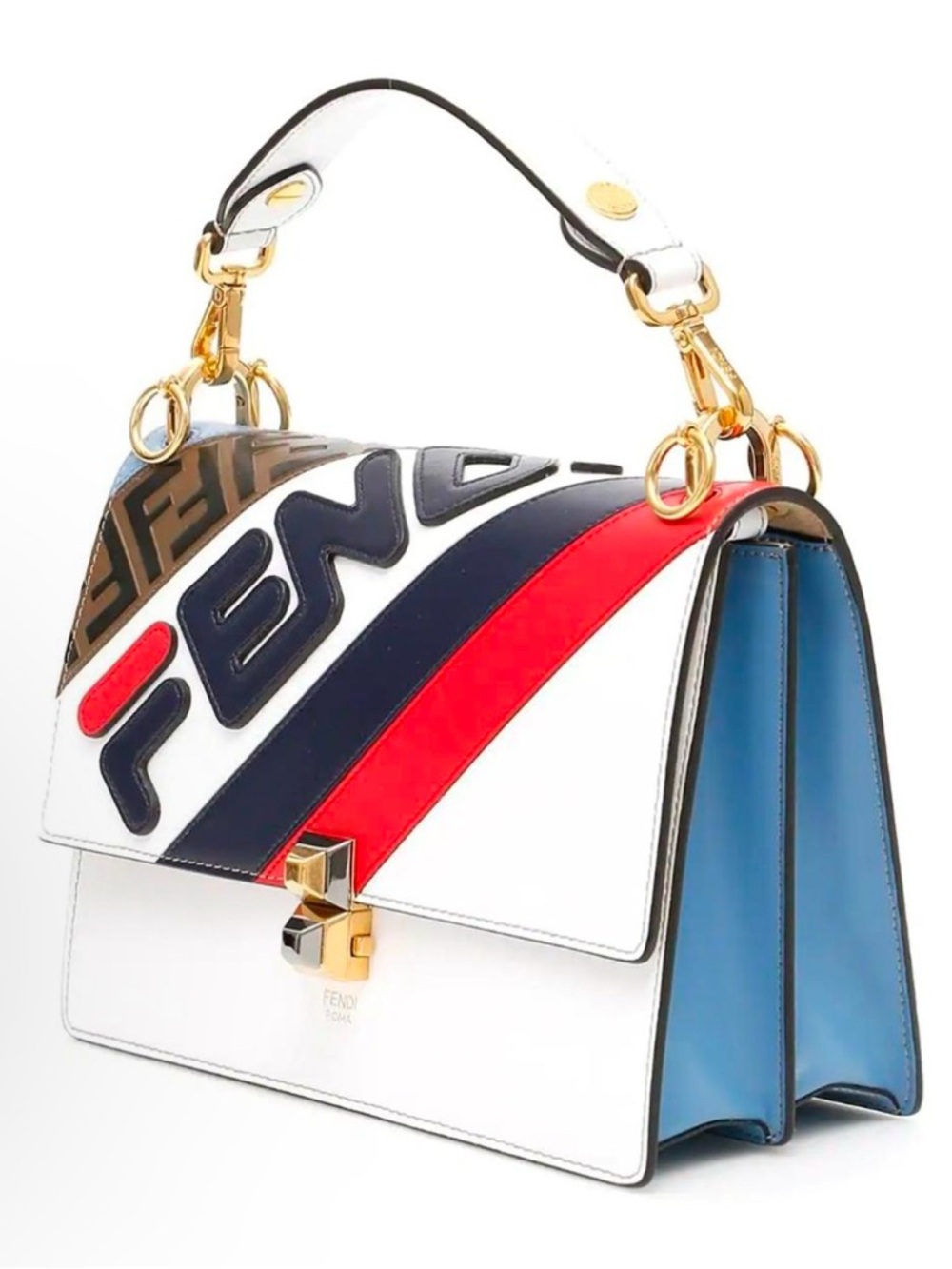 Fendi White Leather Top Handle Satchel with Red and Navy Stripes